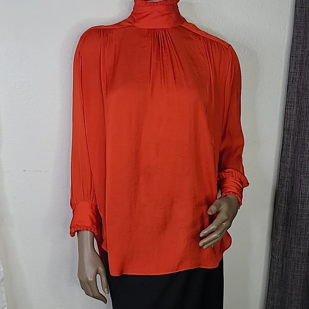Zara Blouse Size Large Red Mock Neck Ruffle Detail Festive Holiday Party EUC - Picture 3 of 11